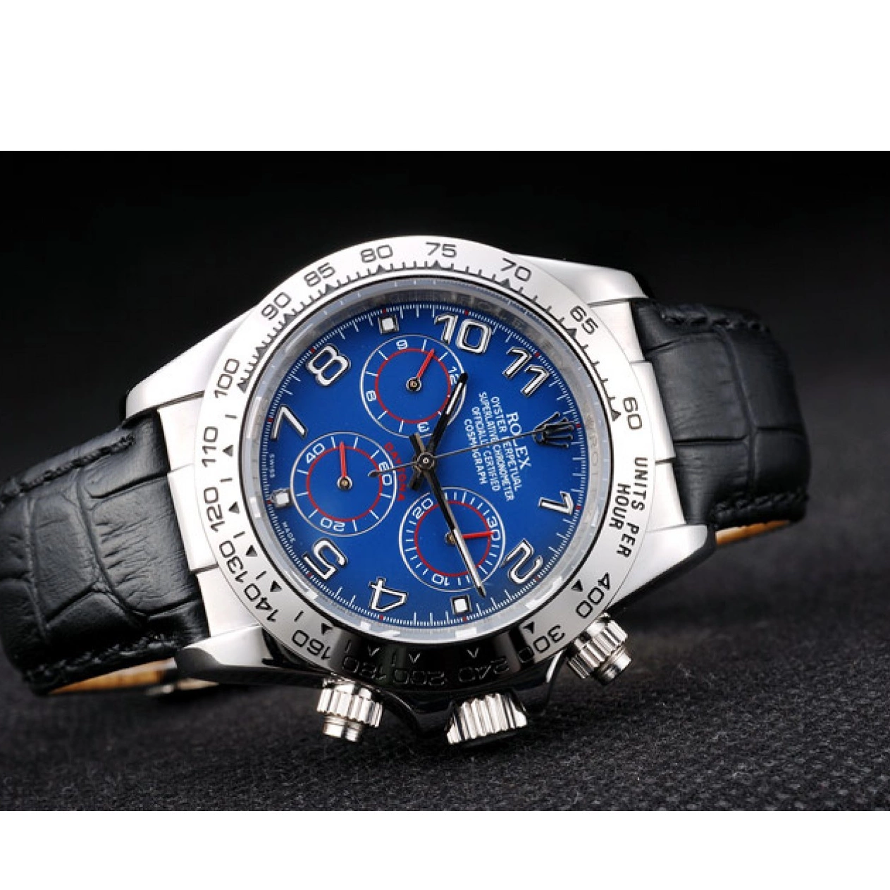 Good copy rolex watches Stainless Blue Rolex Case Steel Black Dial Daytona Strap Leather 0816